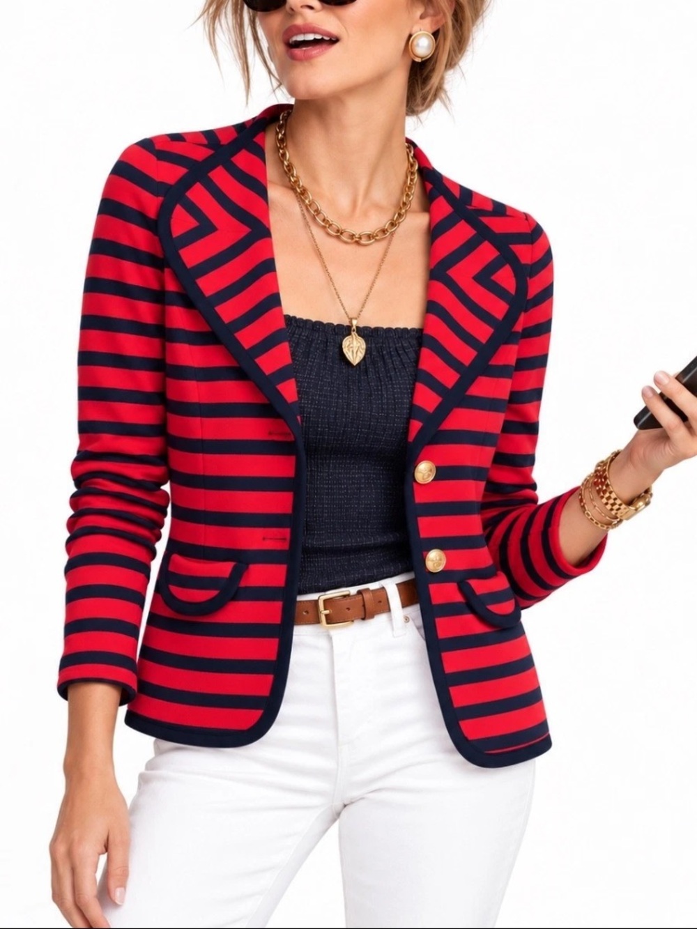 CAbi Yacht Club Nautical Striped Knit Blazer Gold Anchor Buttons S red & navy